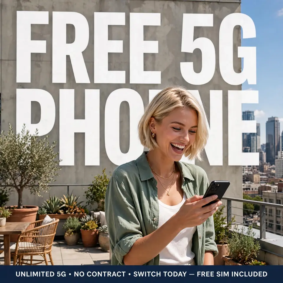 Woman using a free 5G phone with unlimited data